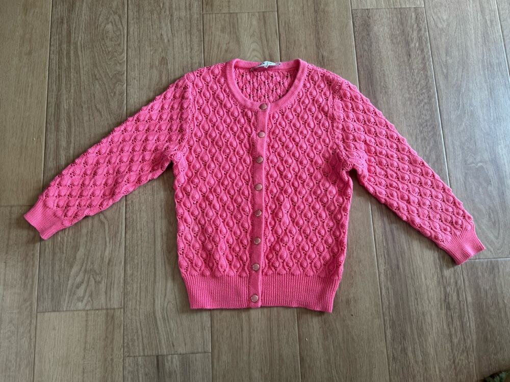 Trina Turk Merino Wool Open Knit Cardigan Barbie Pink Medium Grannycore Cottage